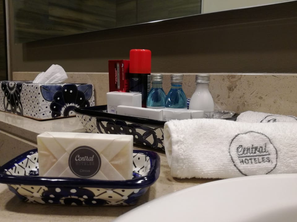 Shower, rainfall showerhead, free toiletries, hair dryer