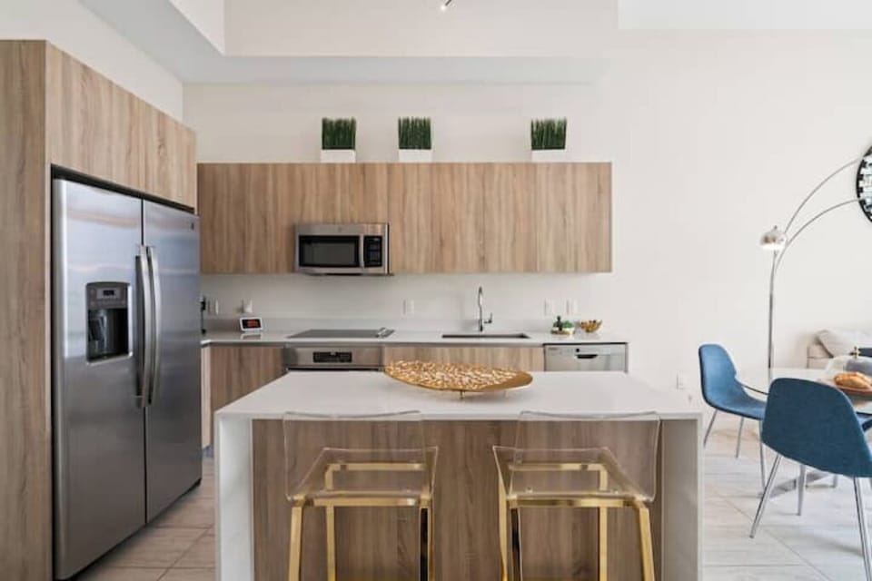 The kitchen island provides bar-style seating.