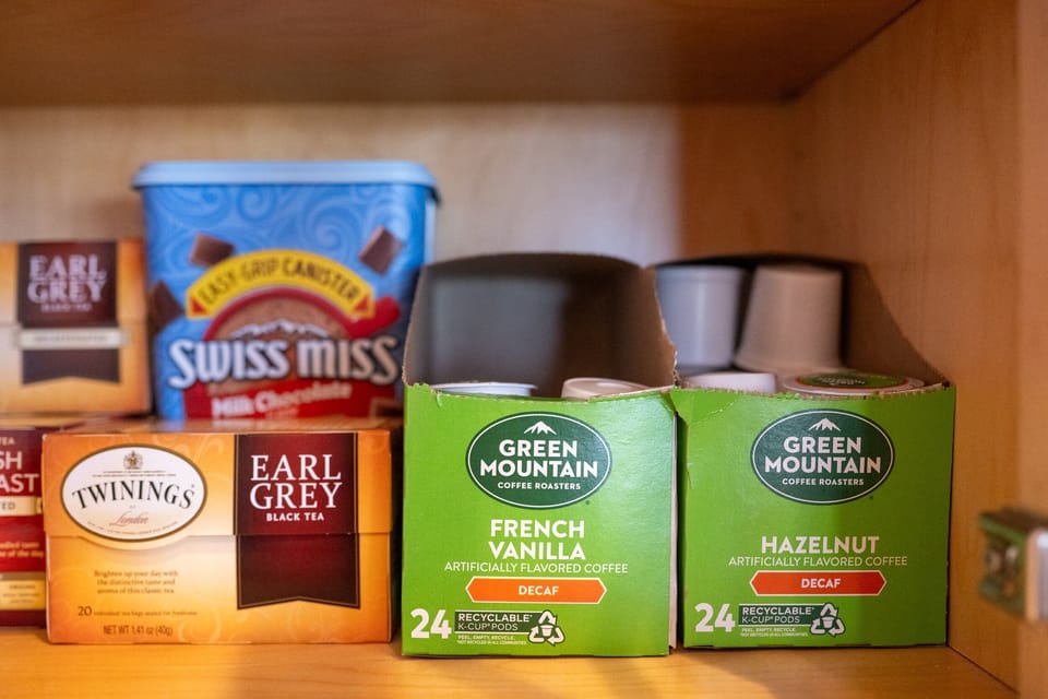 Keurig coffee, tea and hot chocolate for guest use!
