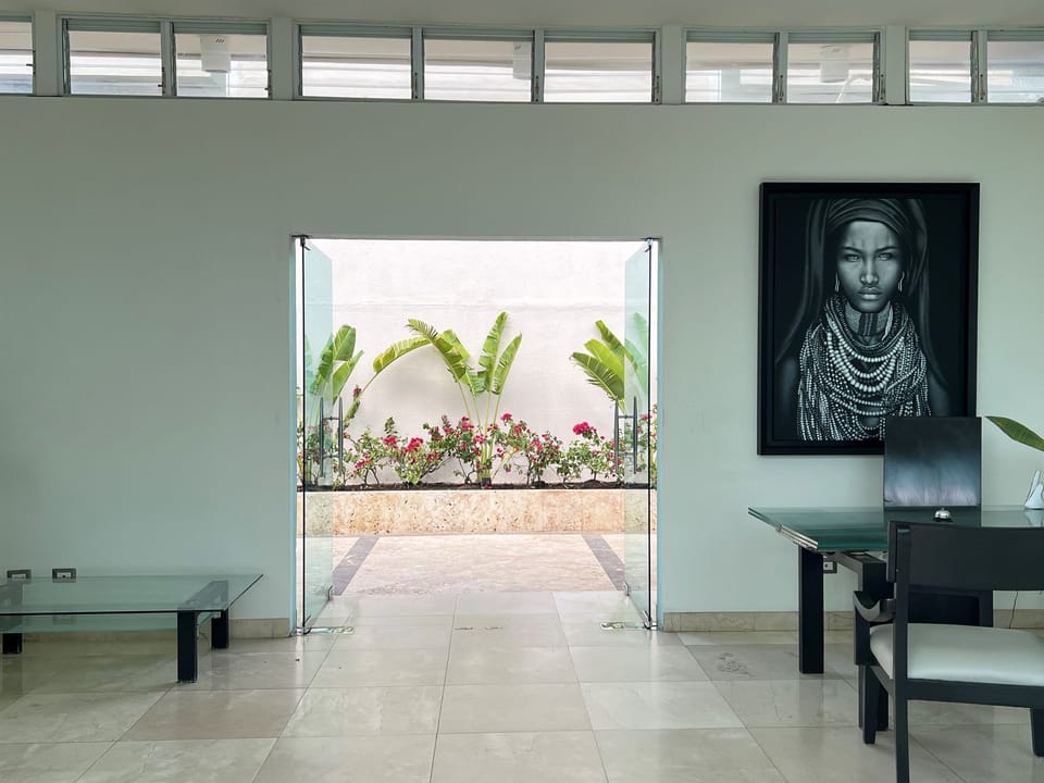 Contemporary façade featuring full-height windows, clean lines, and lush garden accents.