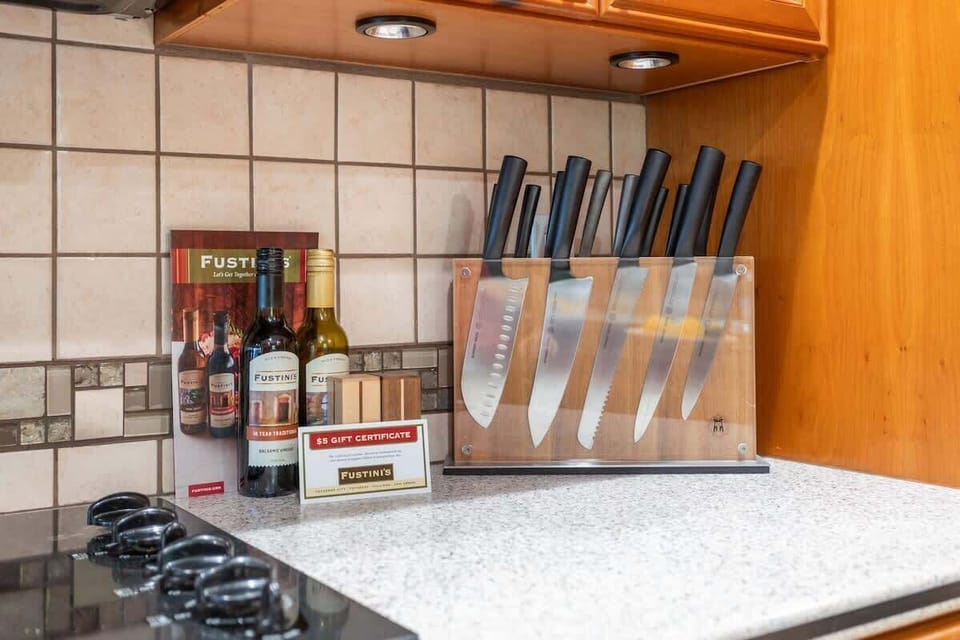 The kitchen comes stocked with everything you'll need for cooking with a large array of knives, ocally sourced olive oil and balsamic vinegar, spices, and more. 