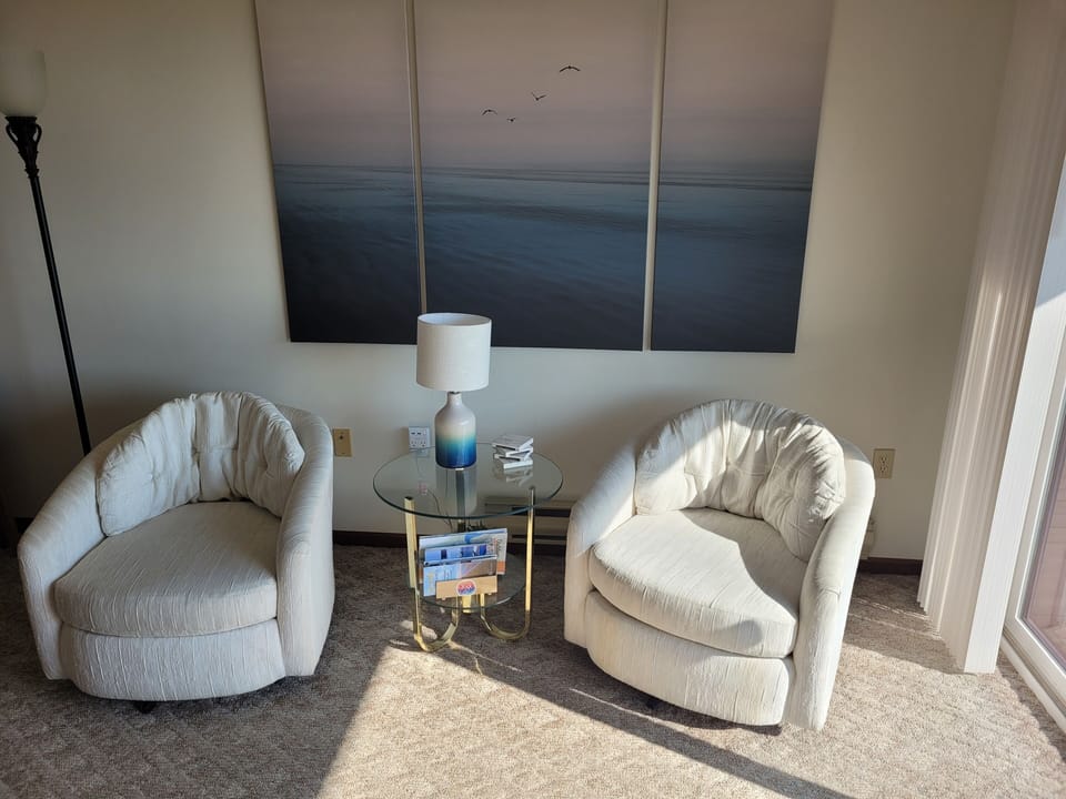 LIVING ROOM:  Very comfy living room with a sofa bed, comfy chairs, ottomans, streaming television, and wall A/C unit.