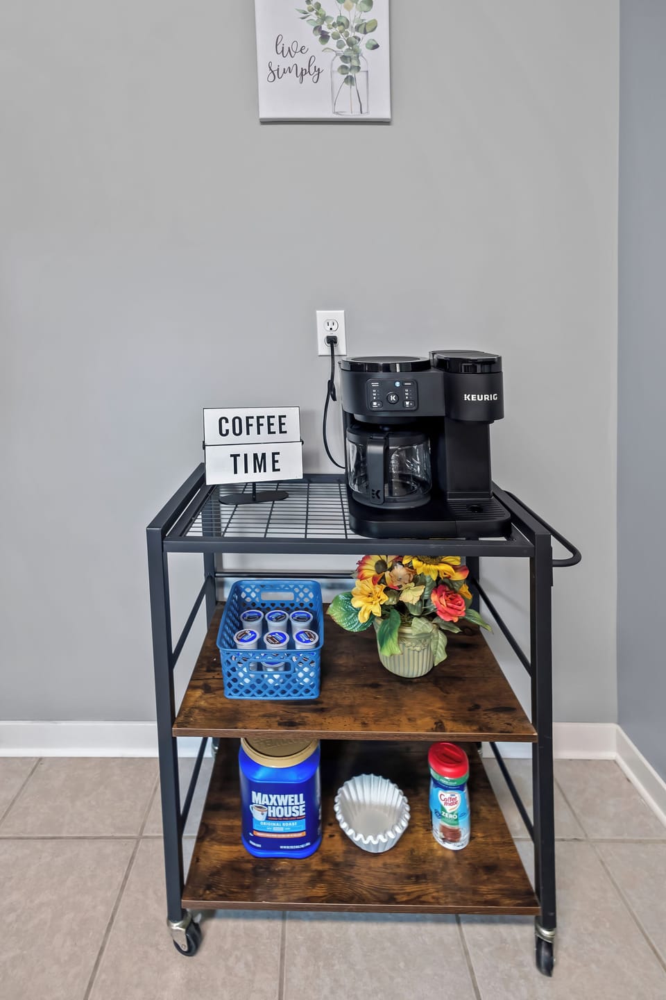 Coffee cart! Dual Keurig for K-Cups and 12 cup coffee pot. K-cups and coffee!