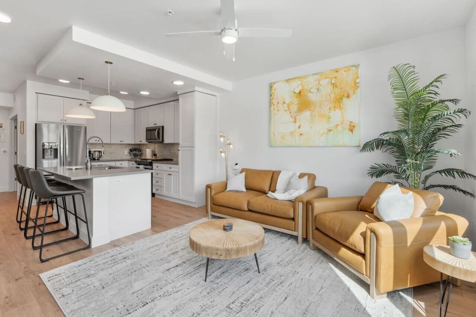Open plan, living room, dining area, kitchen with beautiful views.
