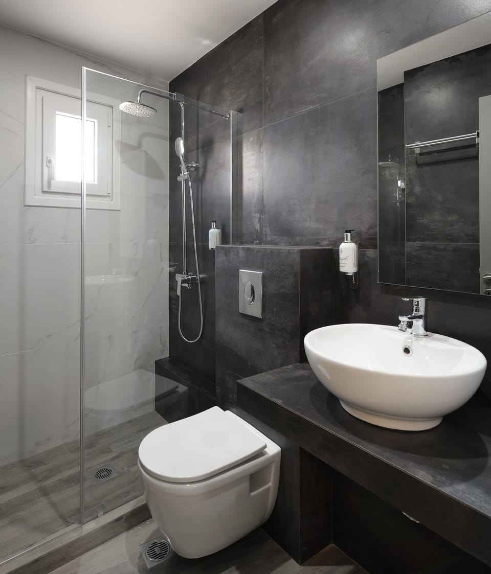 Shower, hair dryer, slippers, towels