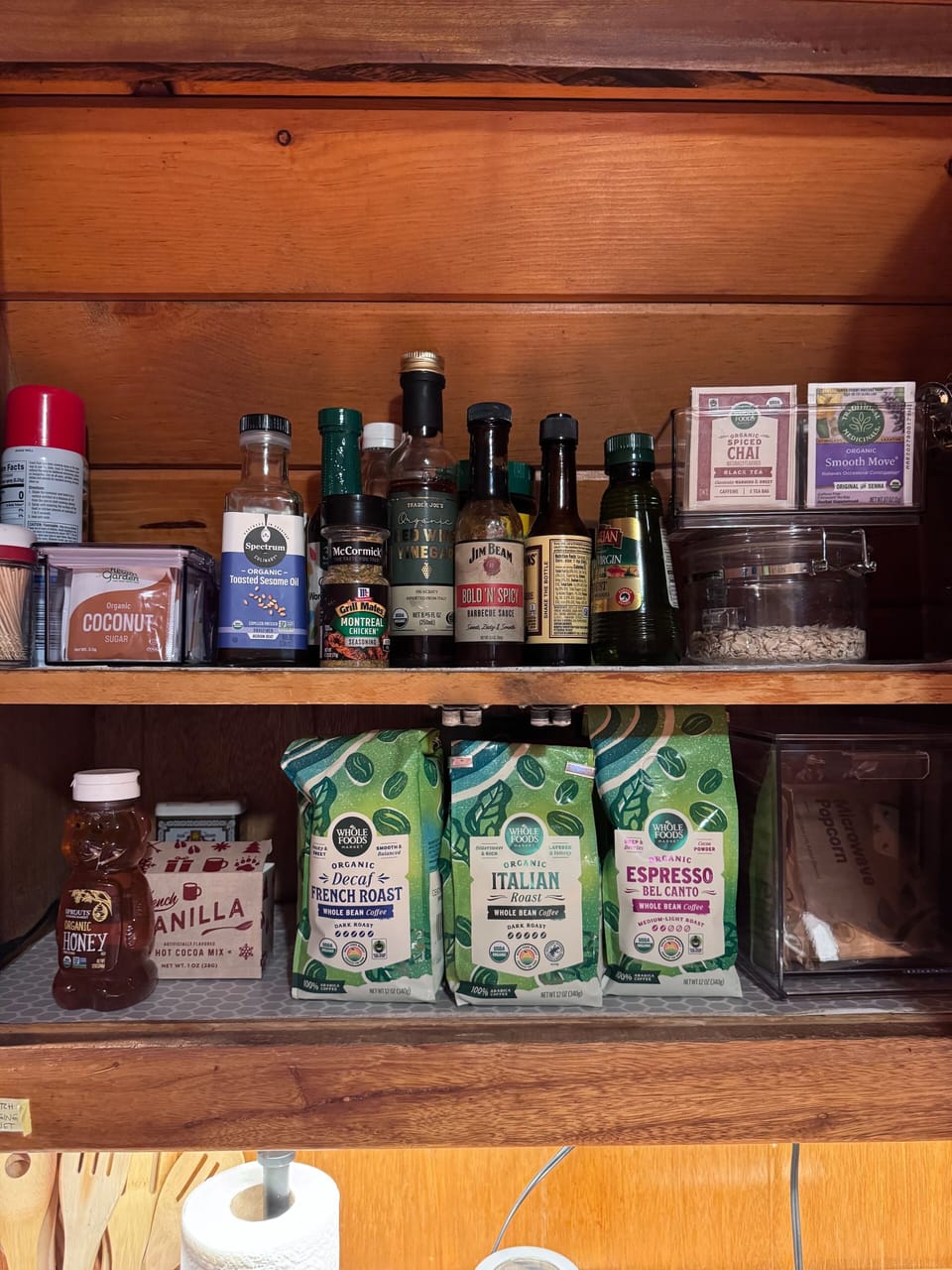 Organic Italian Roast, Decaf French Roast and Espresso beans as well as organic teas, honey, cane sugar & coconut sugar & condiments.