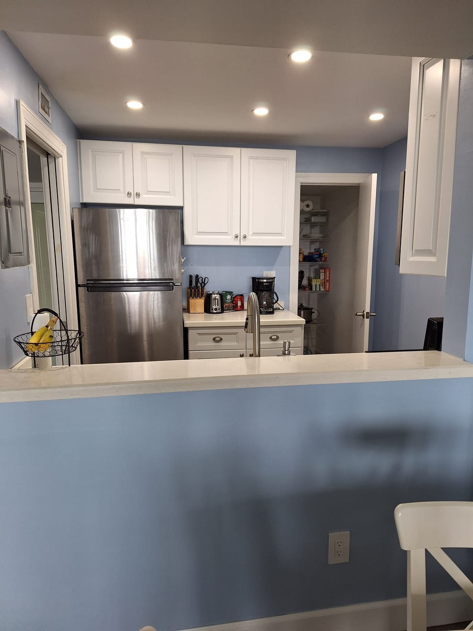 Kitchen area with large pantry