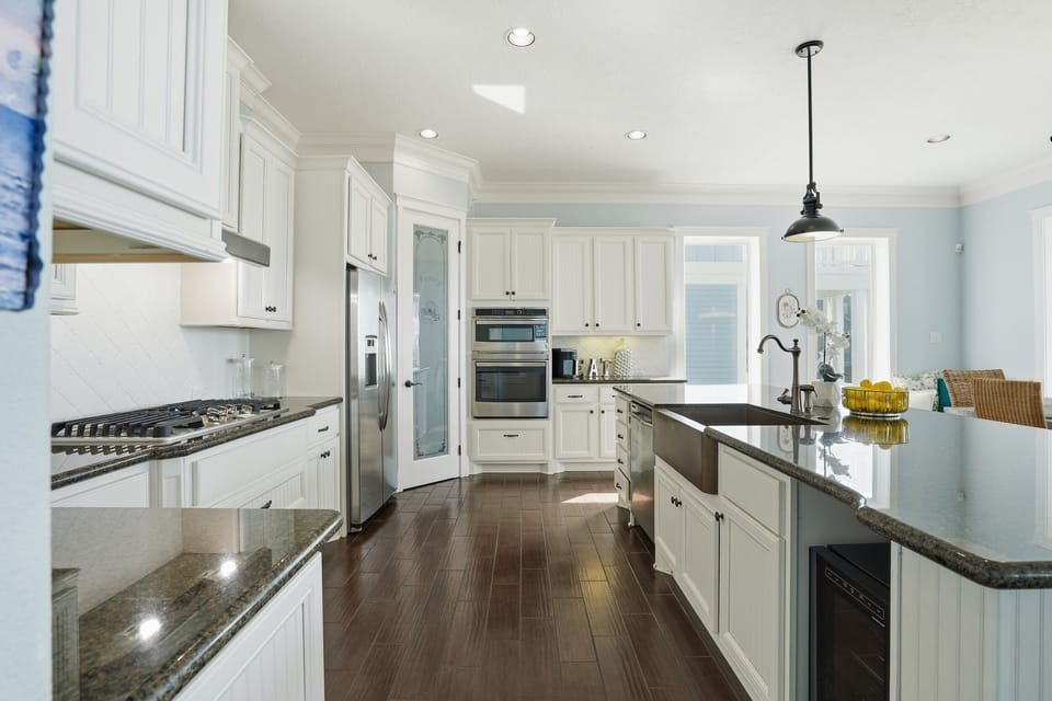 Large kitchen with stainless steel appliances