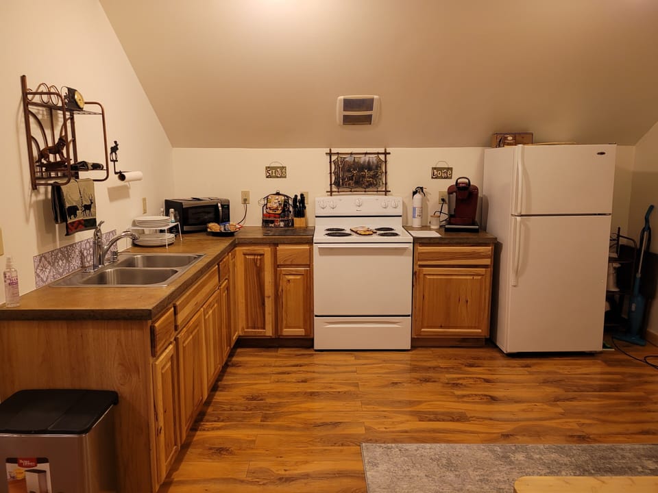 Full kitchen with cookware, dishes, Keurig coffee maker, microwave, dishsoap etc