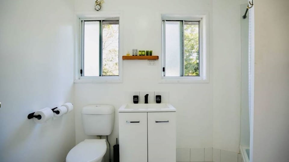 The room features a standard white toilet and a compact white vanity with under-sink storage.
