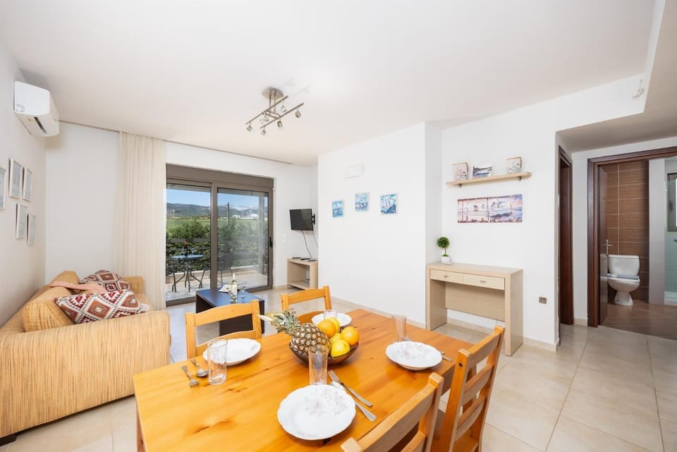 Upstairs unit: open-plan living room with sofa, dining area, kitchen, A/C, WiFi internet, and satellite TV