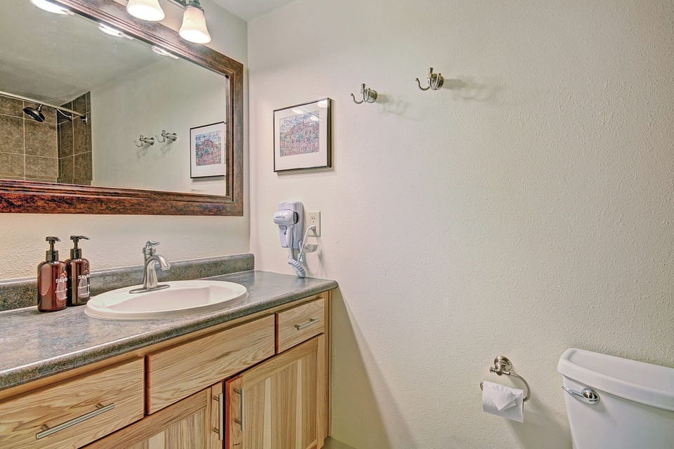Bathroom with a sink, mirror, countertop, and wooden cabinets. Soap dispensers, a hairdryer, and a toilet with toilet paper are visible. Two framed pictures and wall hooks are mounted on the wall.