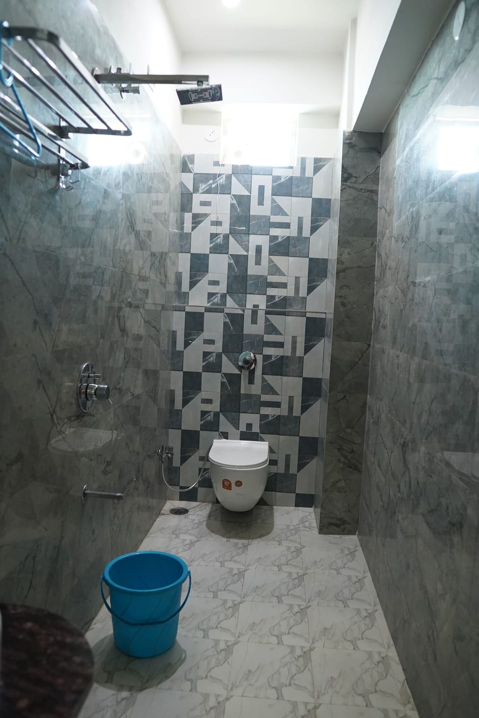 Shower, slippers, towels, soap