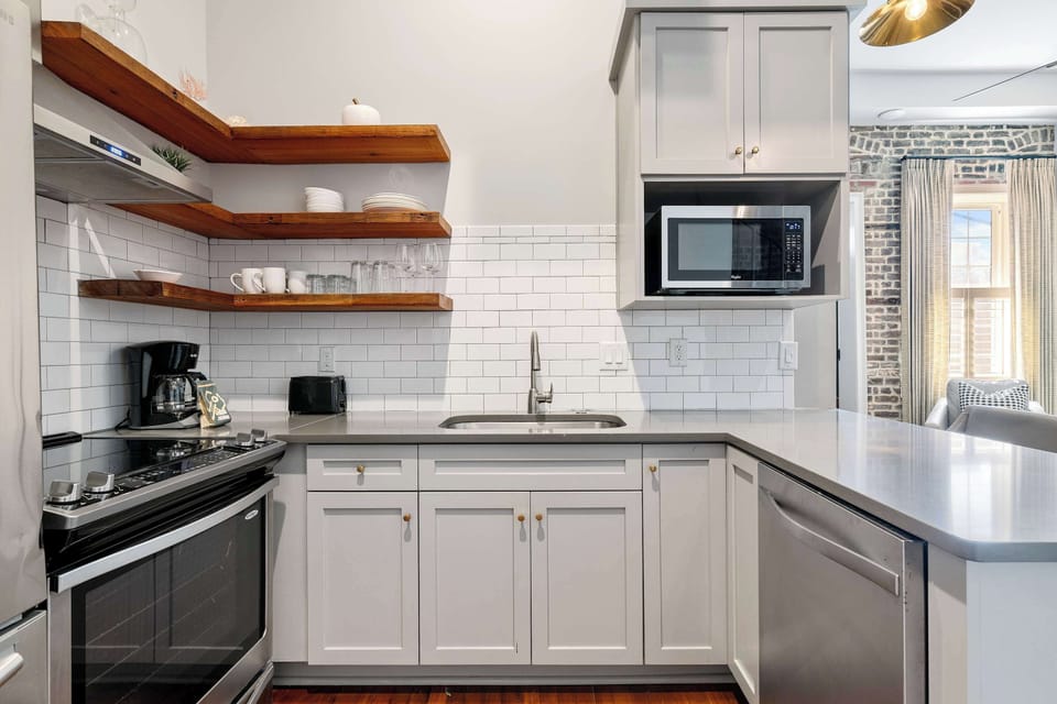Fully equipped kitchen with everything you need to cook a meal with seating for two! 