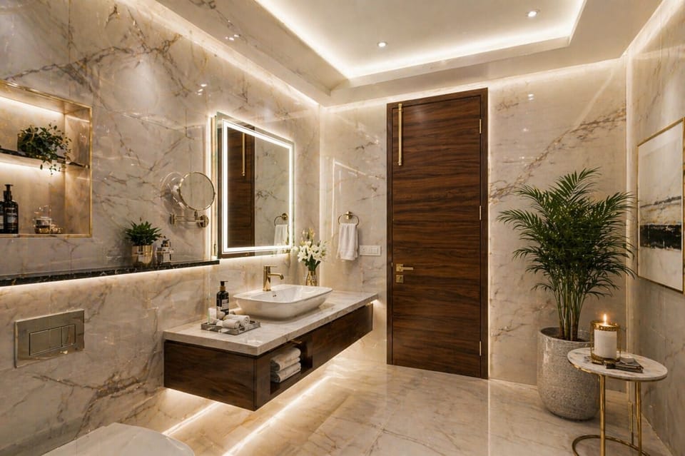Shower, slippers, towels, soap