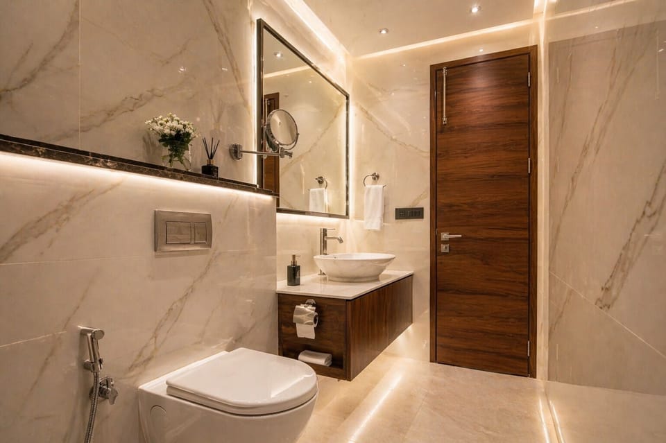 Shower, slippers, towels, soap