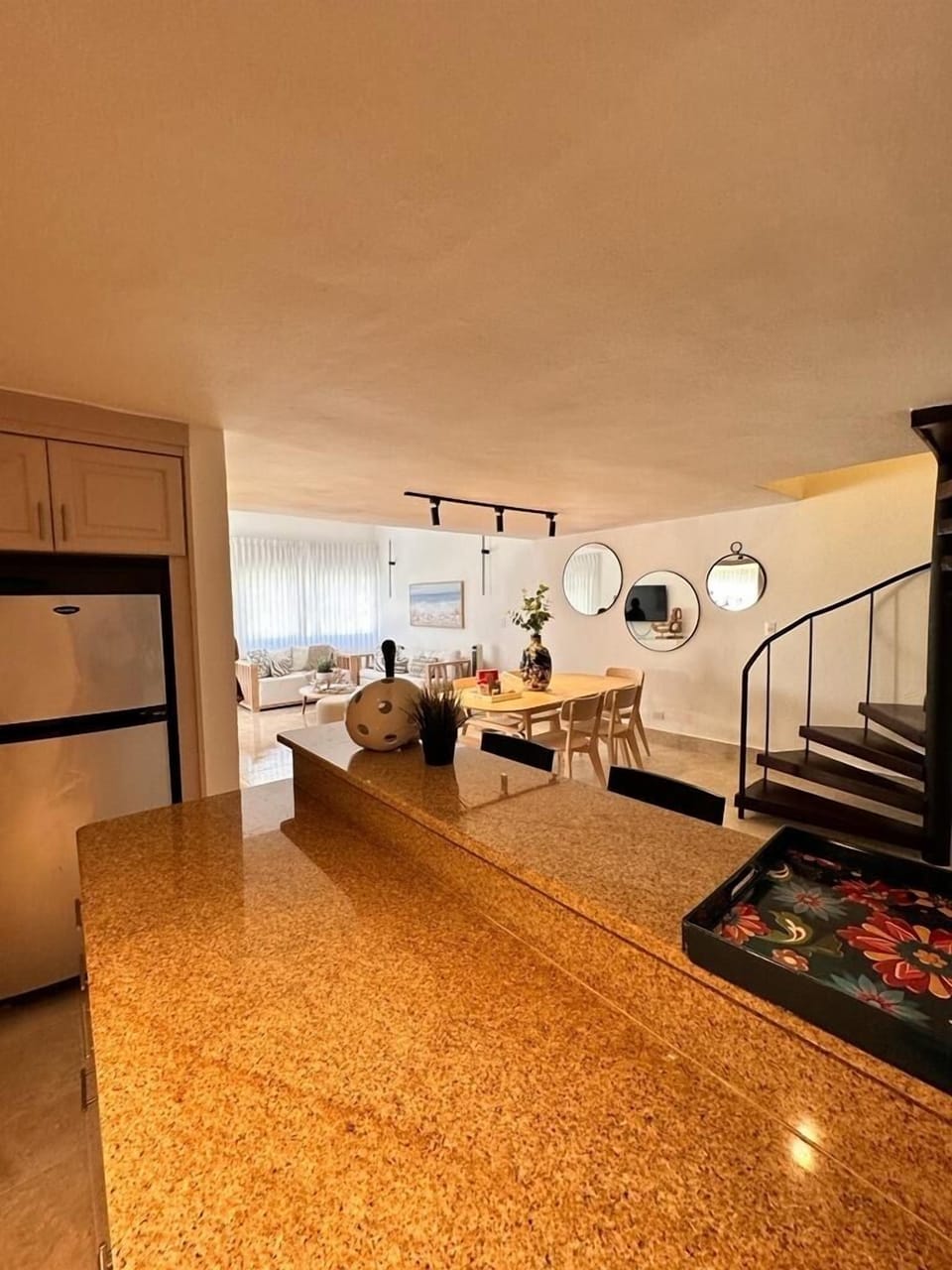 The kitchen has a large refrigerator where you can put your groceries from Jumbo