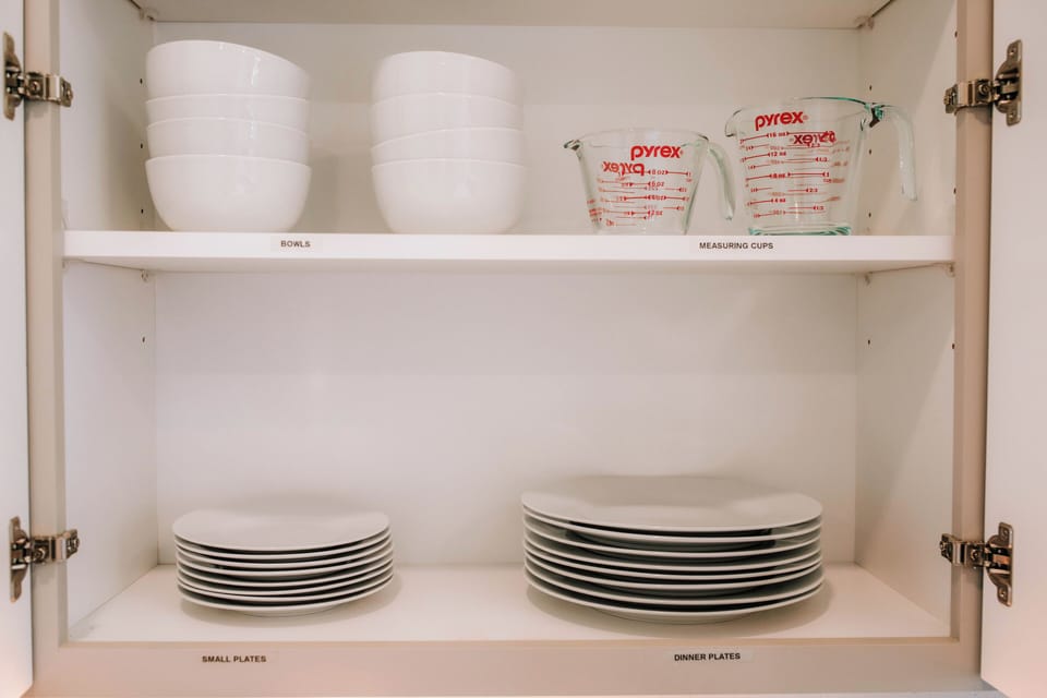 Our kitchen is stocked with all the essential kitchenware you need to create delicious meals during your stay. From a variety of bowls and measuring cups to small and dinner plates, you'll find everything at your fingertips. 