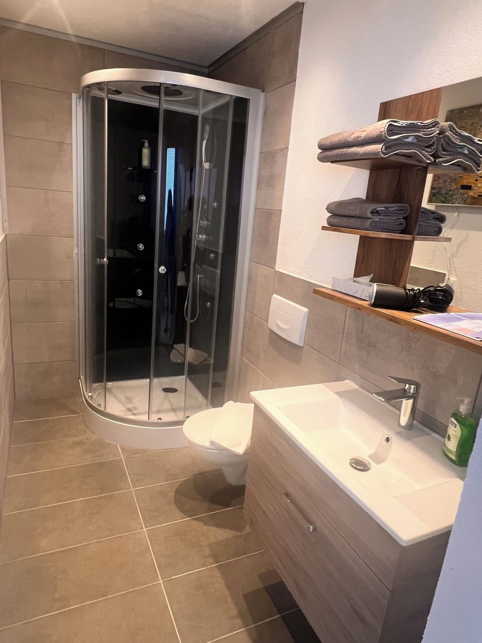 Shower, free toiletries, hair dryer, towels