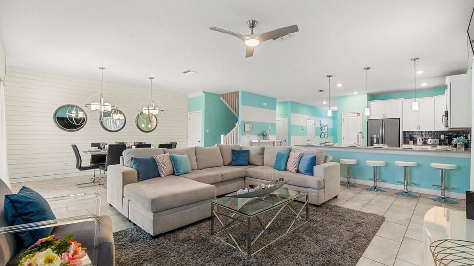 Open-concept living room with modern furnishings 
