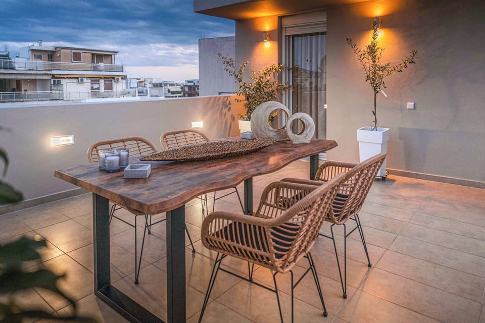 Exterior Dining Space with Evening Lighting, Ideal for Relaxed Outdoor Meals