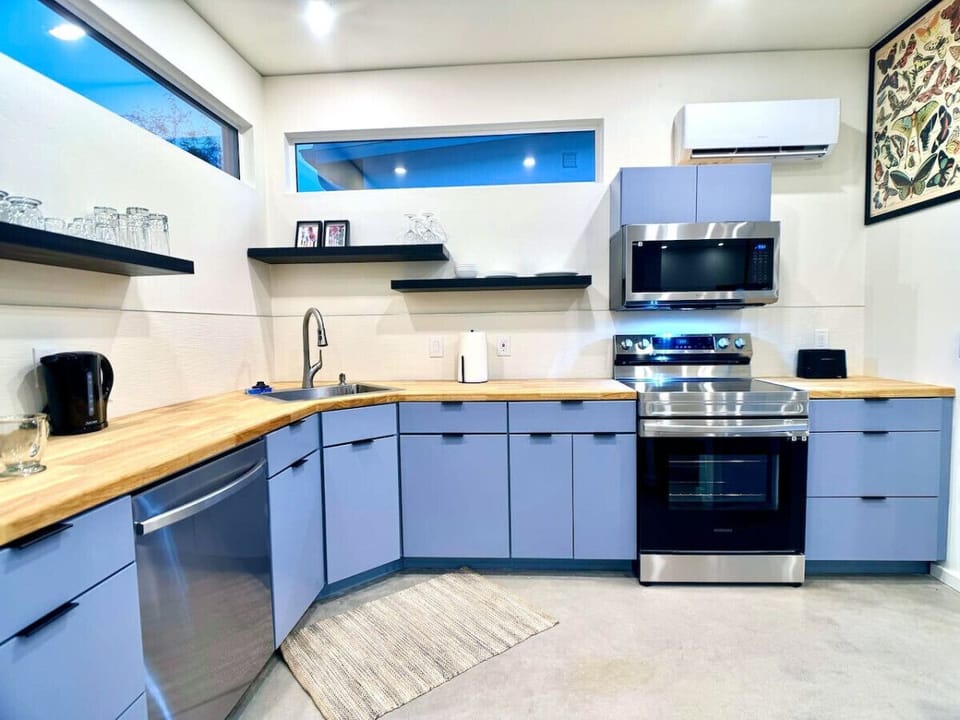 Stainless appliances, drip coffee and toaster.