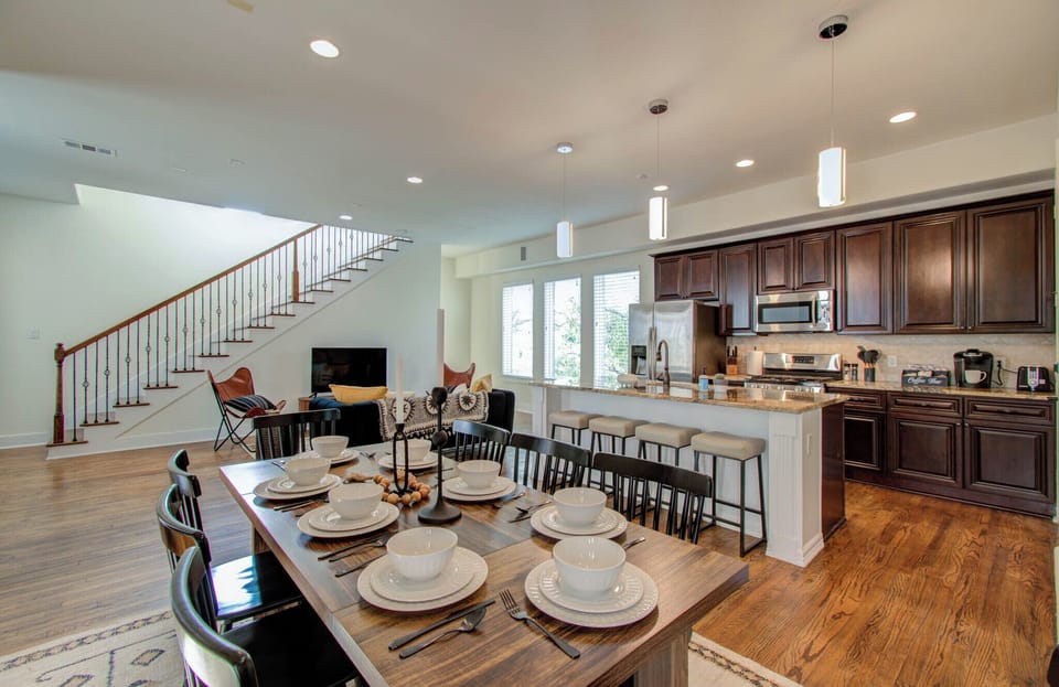 View of the kitchen and living room form the dining area