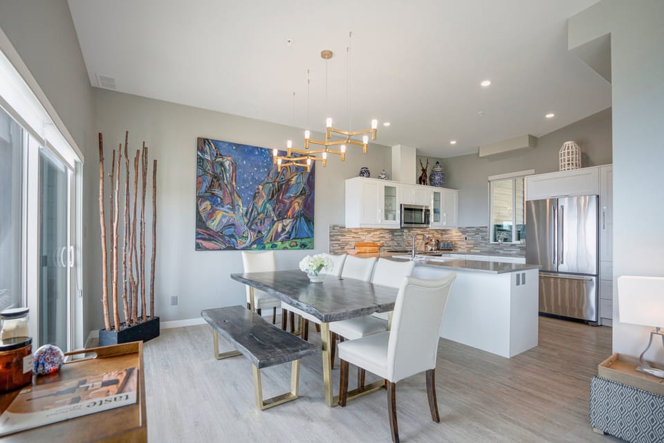 Dining table seats up to 8 people.