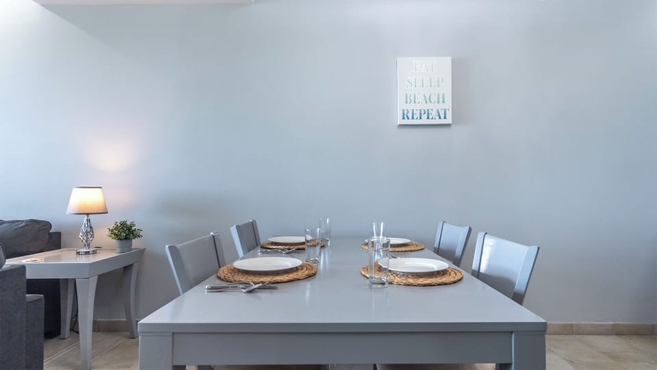The dining table seats four.
