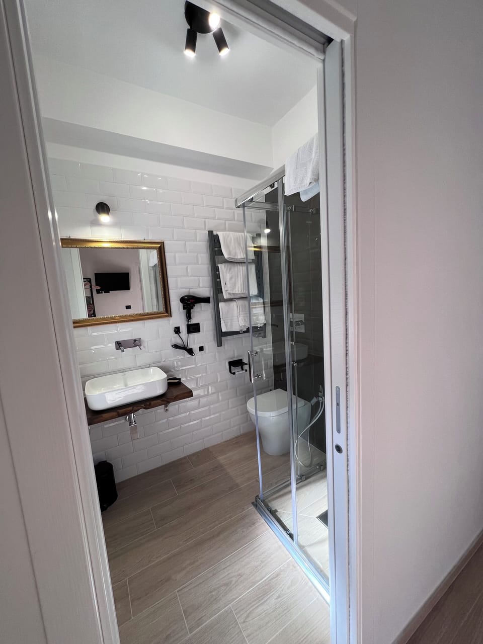 Shower, free toiletries, hair dryer, towels