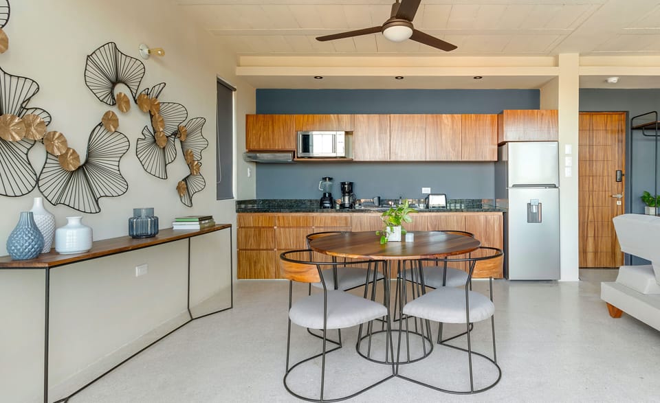 Full-size fridge, microwave, stovetop, toaster