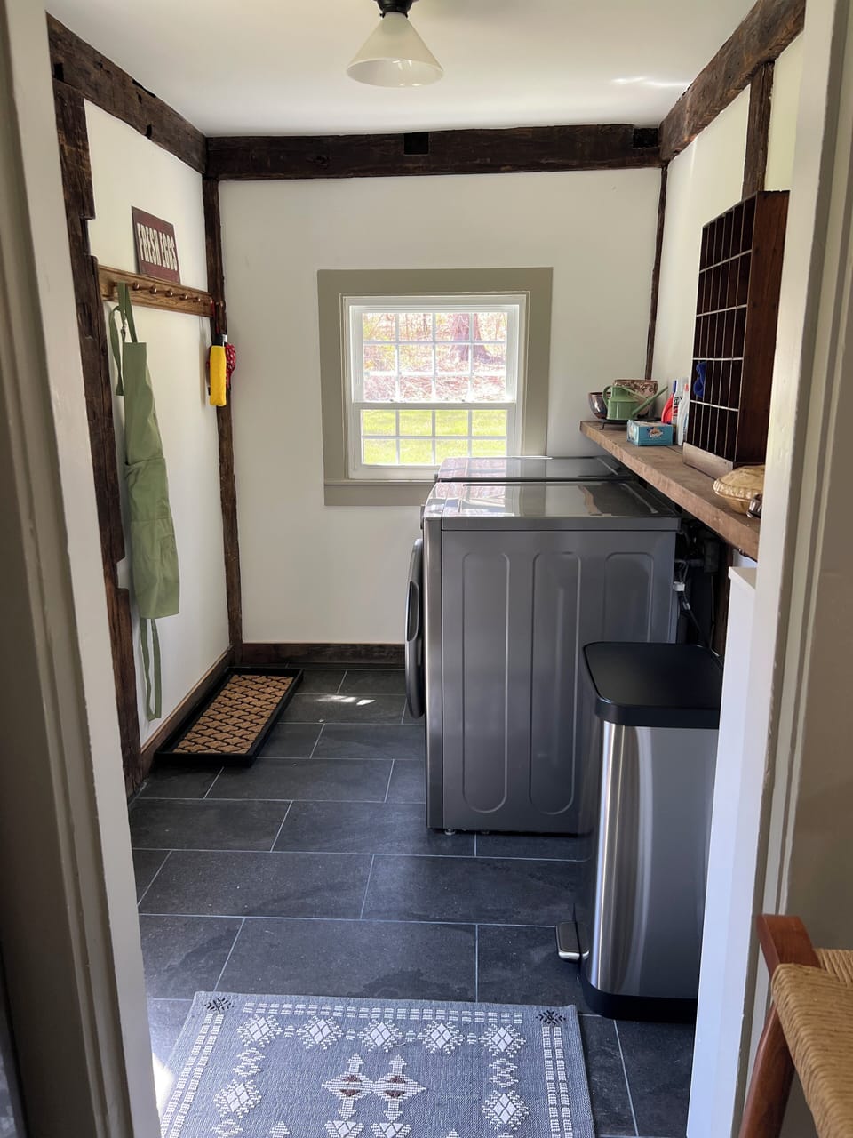Mudroom, with back entrance and full-size washer/dryer