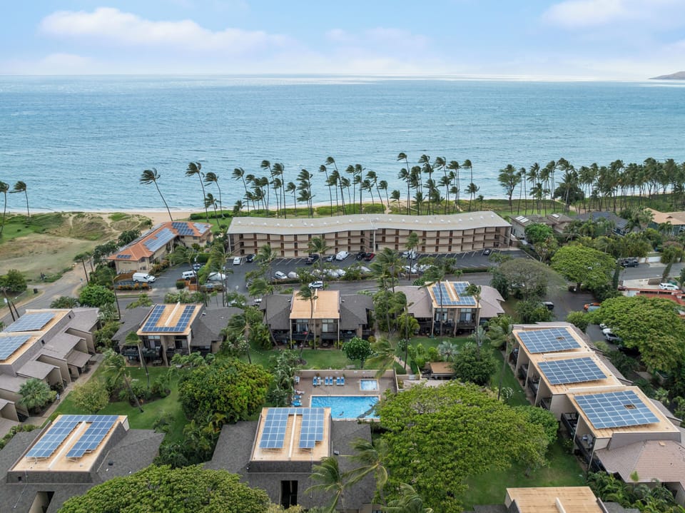 Kihei Garden Estates is in the foreground with the solar panels on the roofs.