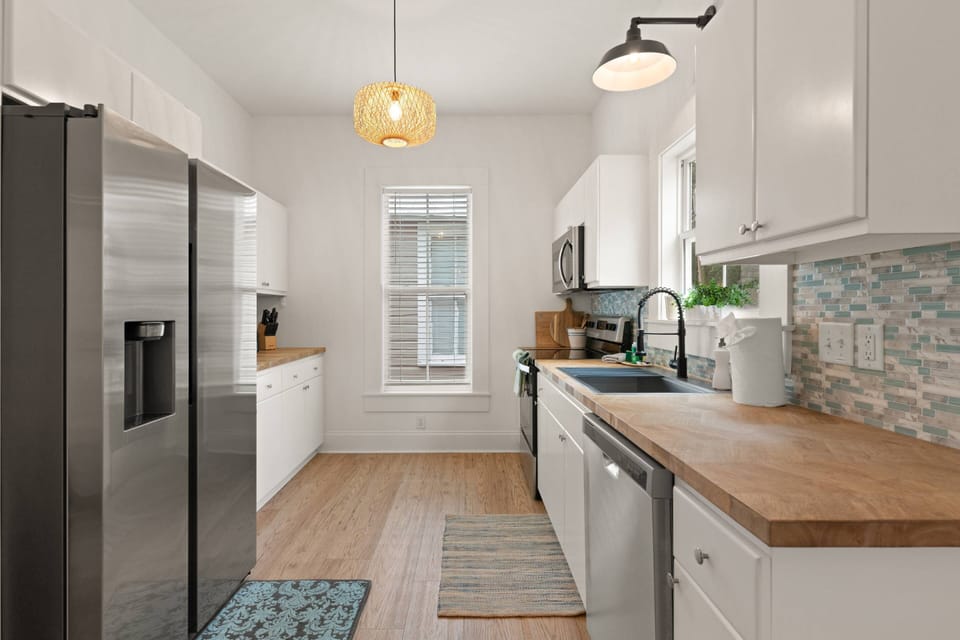 The entire kitchen was recently renovated and now includes modern appliances.