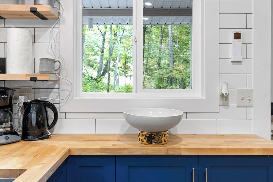Modern kitchen countertop with a view of the surrounding trees through the window