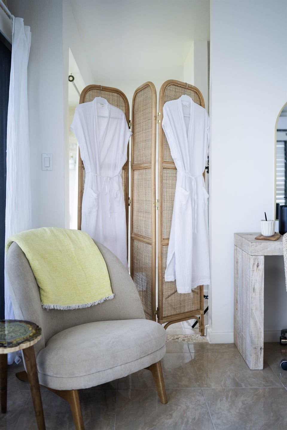 Thoughtfully designed couch with soft neutral tones for a soothing atmosphere.