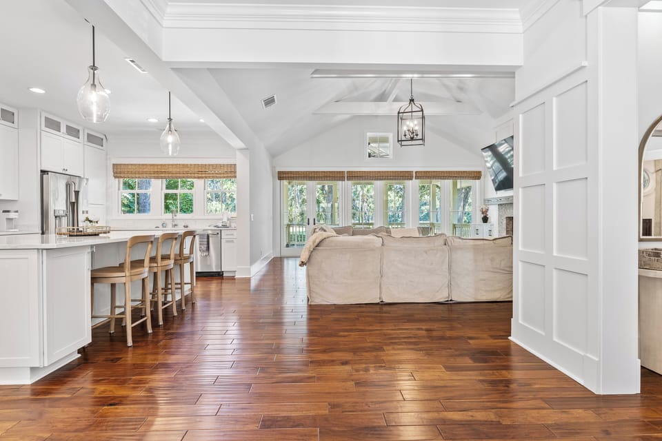 View from front door of open living room and kitchen