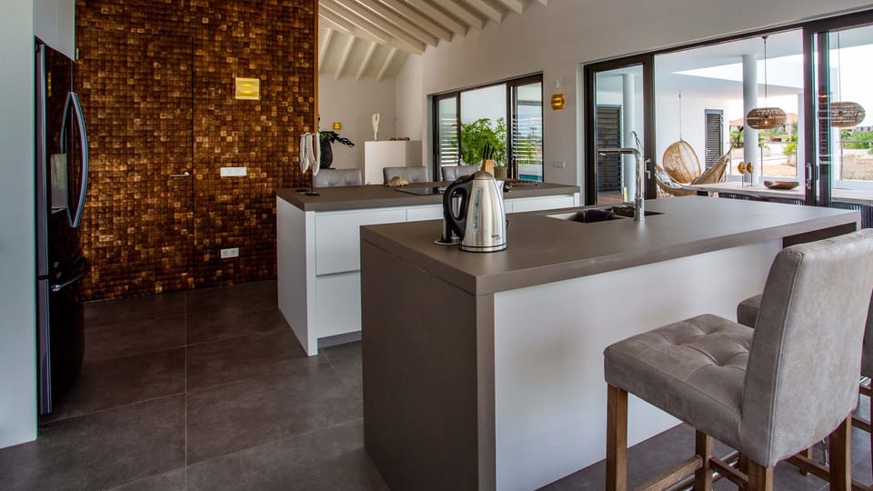 Villa, Pool View | Private kitchen | Fridge, microwave, oven, stovetop