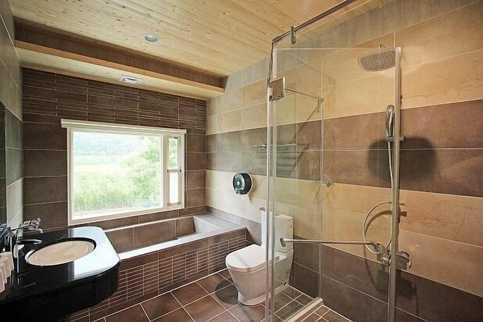 Separate tub and shower, free toiletries, hair dryer, slippers