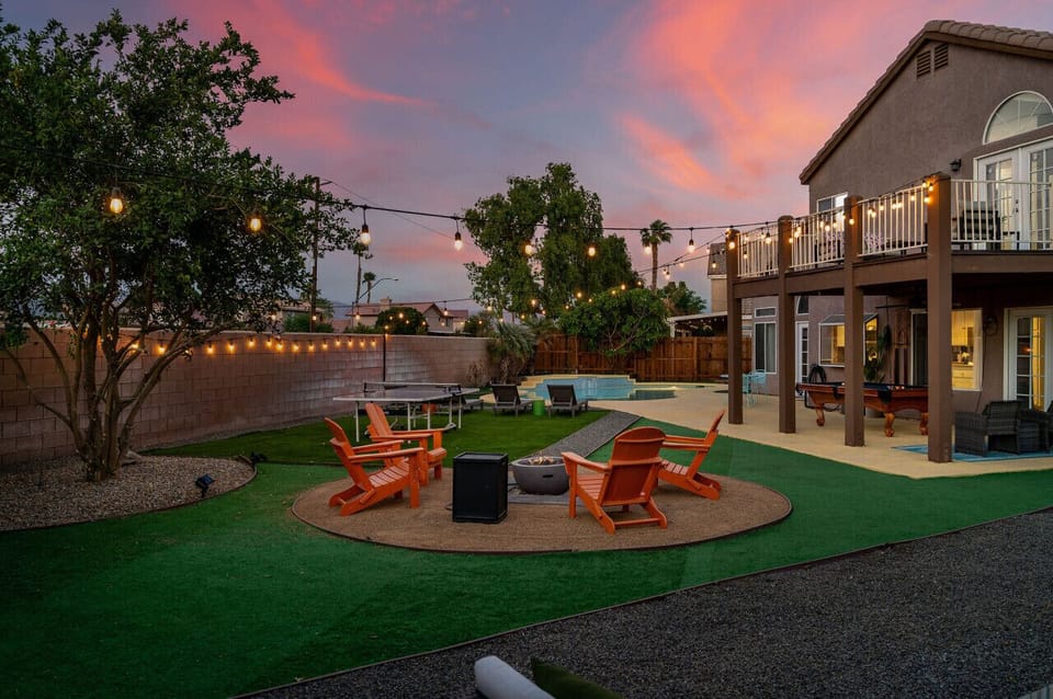 Backyard: propane fire pit and balcony