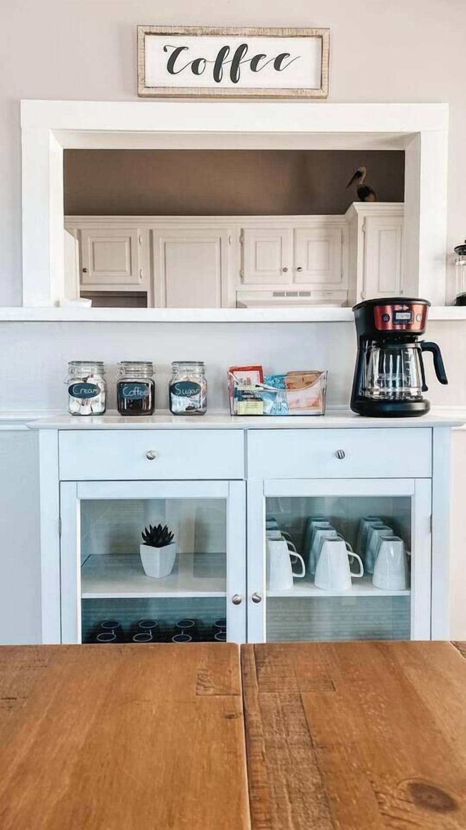 Stocked with coffee and snacks.
