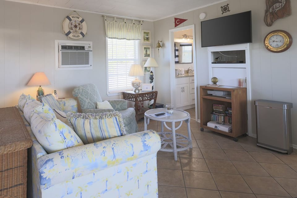 The living area features a comfortable sofa, a TV, studio-style bedding, and a charming view of the adjacent kitchen