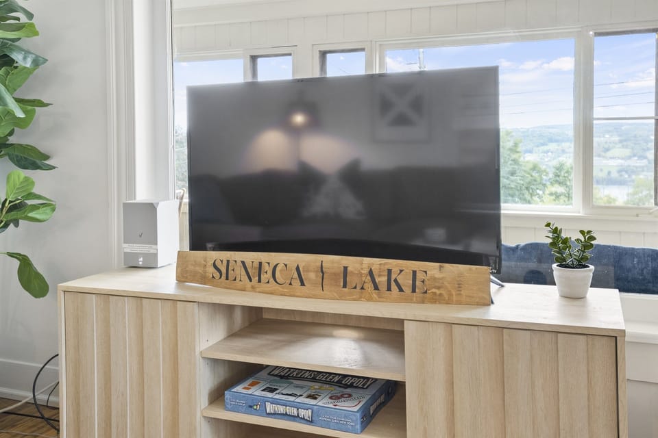 The living room features a Roku TV for guests to stream their favorite shows and movies. 