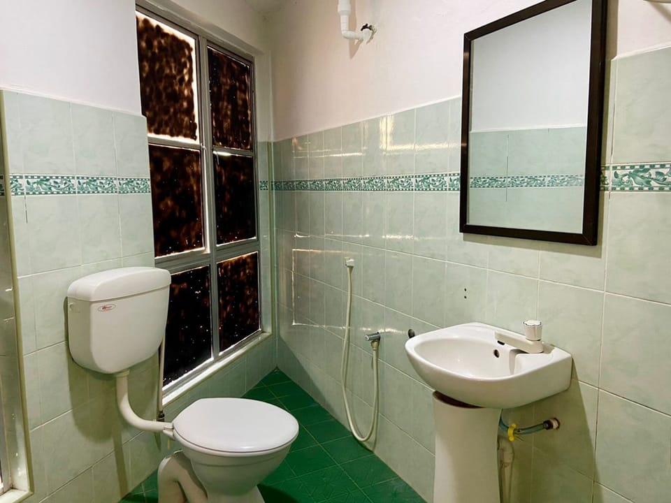 Shower, slippers, towels, soap