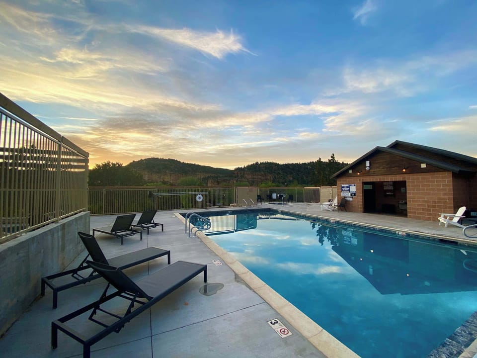 Lower resort pool at East Zion Resort — one of two pools available during your Zion and Bryce glamping stay.