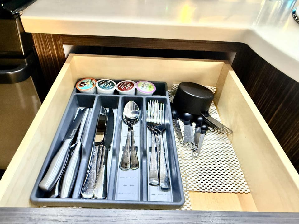 Airstream kitchen essentials stocked for simple meals, snacks, and morning coffee during your Southern Utah glamping stay.