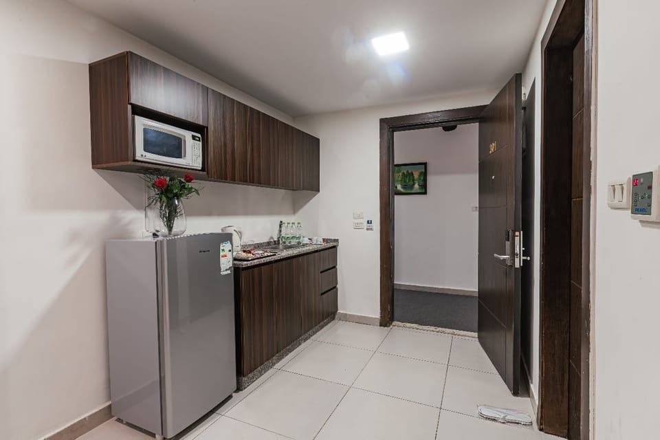 Deluxe Apartment | Private kitchen | Mini-fridge, microwave, cleaning supplies, freezer