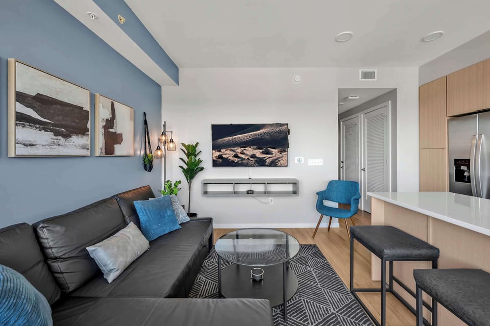 Living room with Apple TV, sofa converts to Queen sofa bed