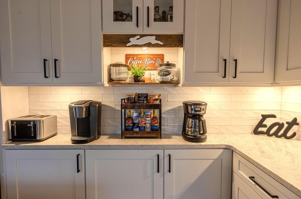 The coffee bar, with a drip-style coffee maker and Keurig, is a great place to start your mornings!