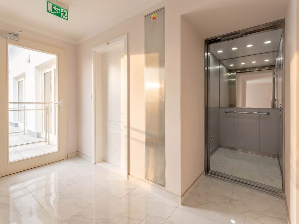 There is an elevator inside the building